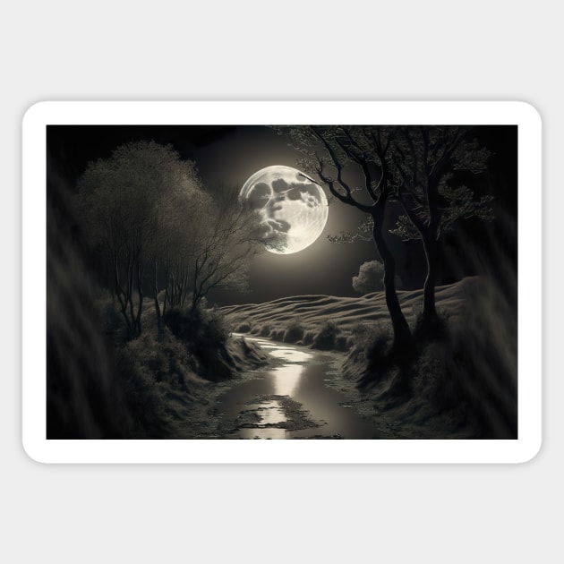 Full moon reflects over a wide tranquil serene river. Sticker by UmagineArts